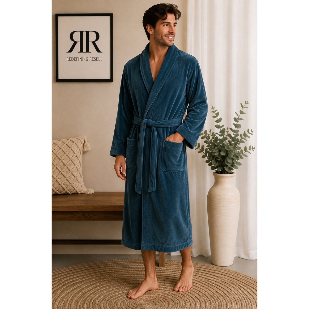 Christian Dior Monsieur Mens Teal Blue Velour Robe One Size Embroidered Logo